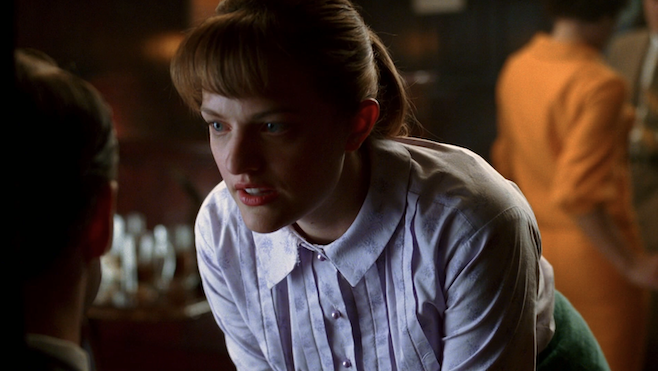 A screenshot from Mad Men season 1 episode 8 where Peggy is asking Pete to dance and he's being a total pill and you can see her heart breaking in real time