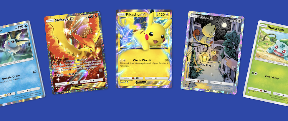 A screenshot from the Pokemon trading card game mobile app website featuring digital cards of vaporeon, a sparkling fire bird Moltres, lightning wrapped Pikachu, Meowth on a lamppost like batman, and Bulbasaur