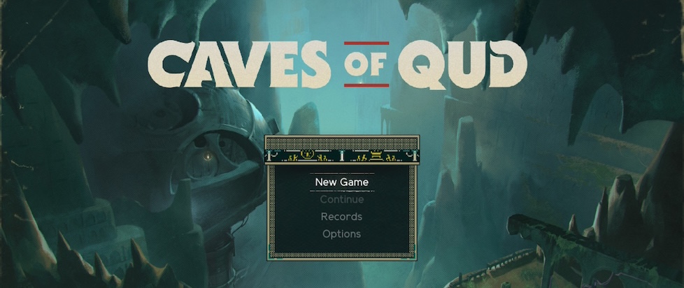A screenshot of rthe title screen for Caves of Qud with the title at top and painting of mysterious ruins in a low lit underground cavern waiting to be explored