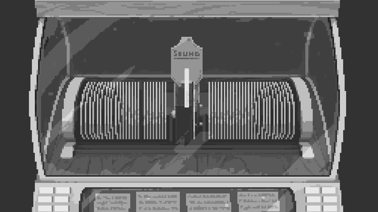 A screenshot from The Longest Road on Earth featuring a black and white pixel-art image of a Jukebox with the records in a neat little row and the arm just waiting for one to pull