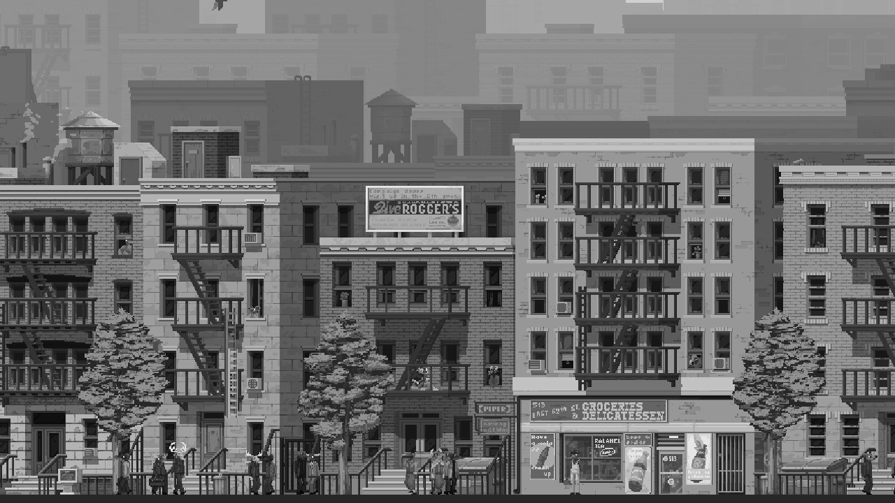 A screenshot from The Longest Road on Earth showing a quaint urban neighborhood not unlike Brooklyn with many multi-story brick buildings and anthropmorphic people walking the streets