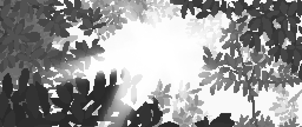 A screenshot from the Longest Road on Earth, a pixelated black and white image of the sun streaming down through various branches and leaves