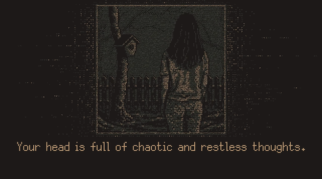 A screenshot from Without a Dawn with a panel of a woman looking at a birdhouse with text underneath that reads Your Head is full of chaotic and restless thoughts