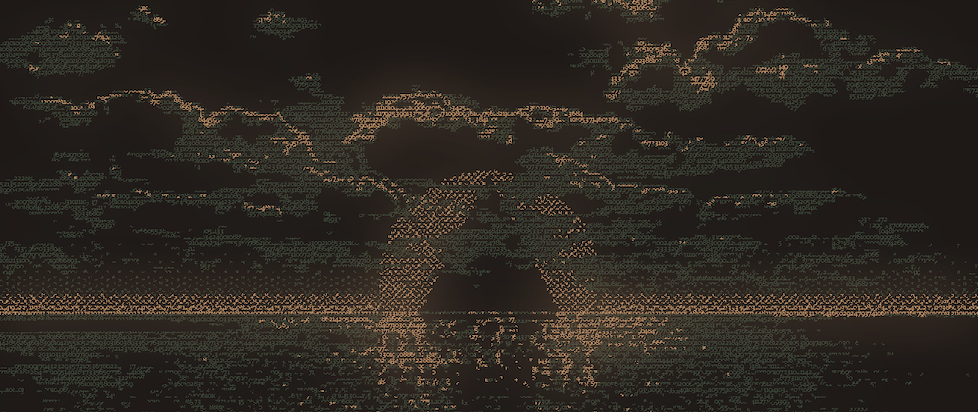 A cropped image of the key art for Without a dawn with a strange sunset rendered in computer character based art and dim yellow light and green clouds