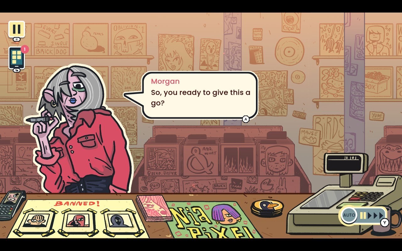 A screenshot from Wax Heads shows a character named Morgan, an employee at the fictional Repeater Records. Morgan has grey hair, a nose ring, and is wearing a red shirt, holding a smoking cigarette.