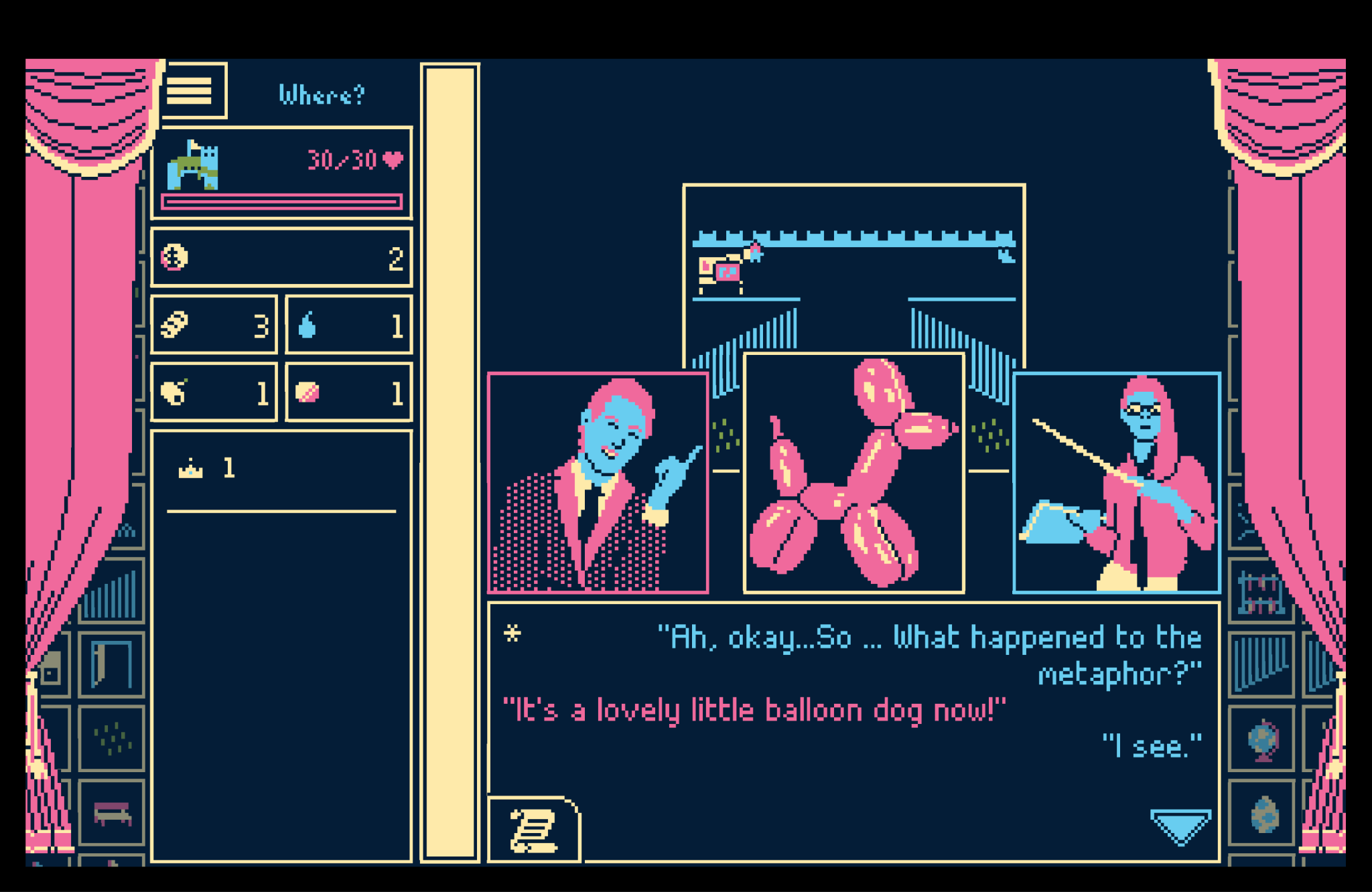 In a screenshot from Titanium Court, a male character in a suit is shown pointing, a large pink balloon dog is centered, and a female character with glasses holds a pointer and a small tablet.