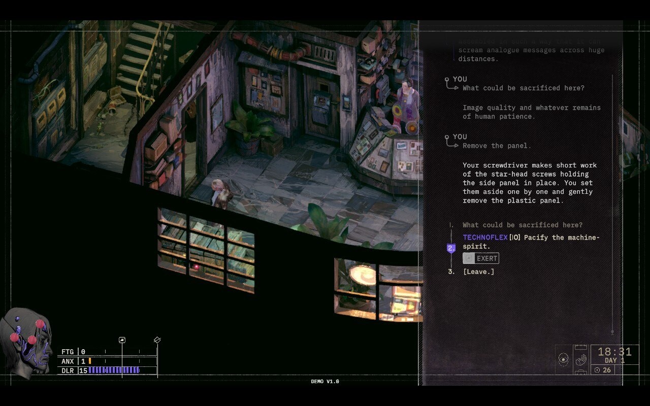 A screenshot from Zero Parades shows a dark and grungy indoor location, possibly a safe house or an apartment, with various objects like shelves, a counter, and a small table.