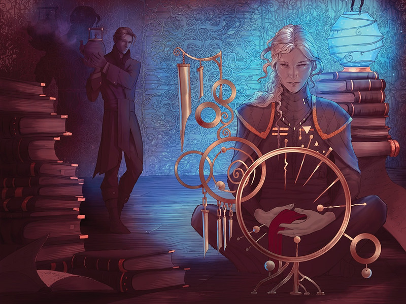 Investigator Ana Dolabra and her assistant Dinios Kol are surrounded by books and magical instruments.