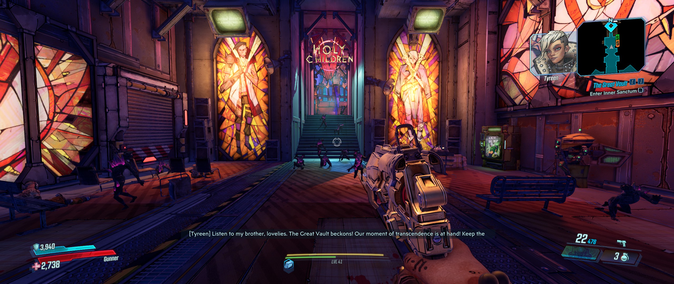 The player character from Borderlands 3 is standing in a large, ornate chamber with stained-glass windows on either side and a sign above a central staircase that reads "Holy Children." Several enemy characters are visible in the distance.