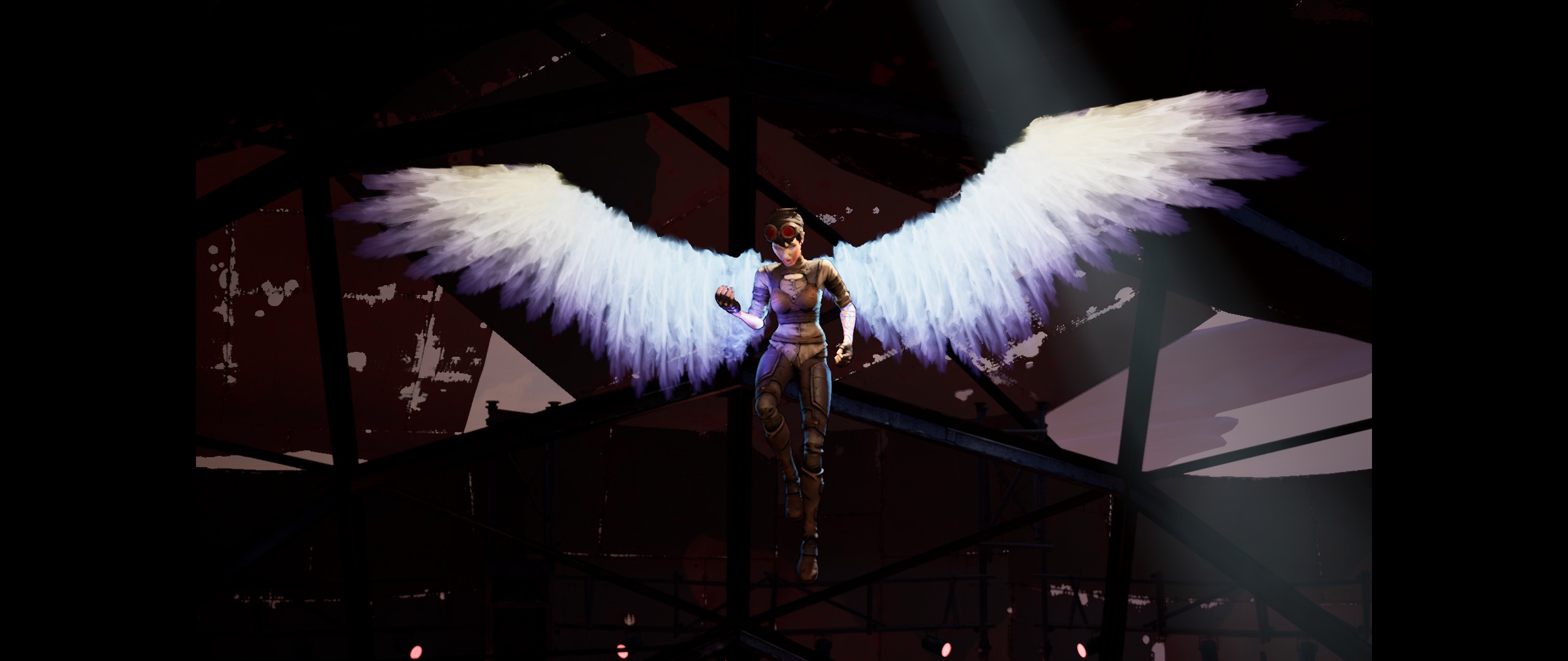 The character Tannis is mid-air, possessing large, ethereal white wings with a purple hue at the tips, likely a manifestation of the Siren powers she acquires in the game.