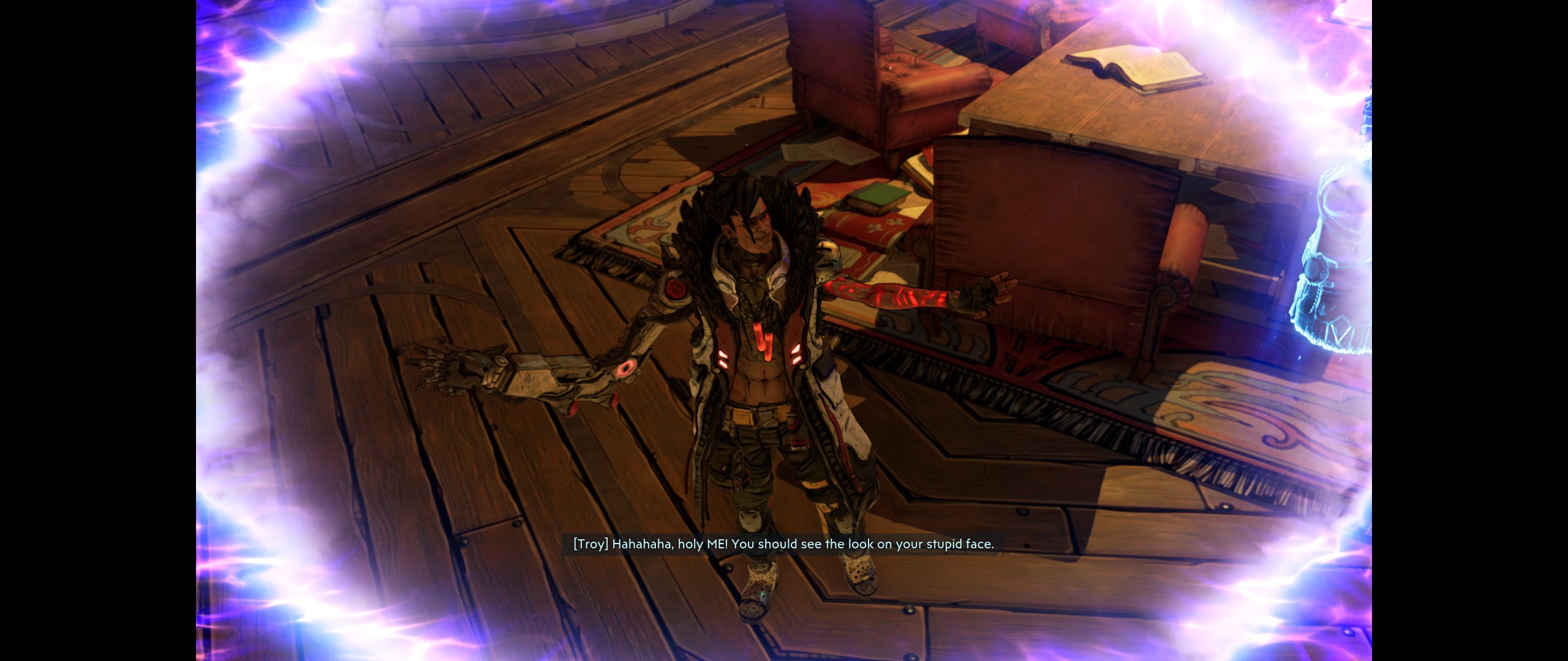 Troy Calypso is standing within a purple energy effect, mocking the player by saying, "hahahaha, holy ME. You should see the look on your stupid face."