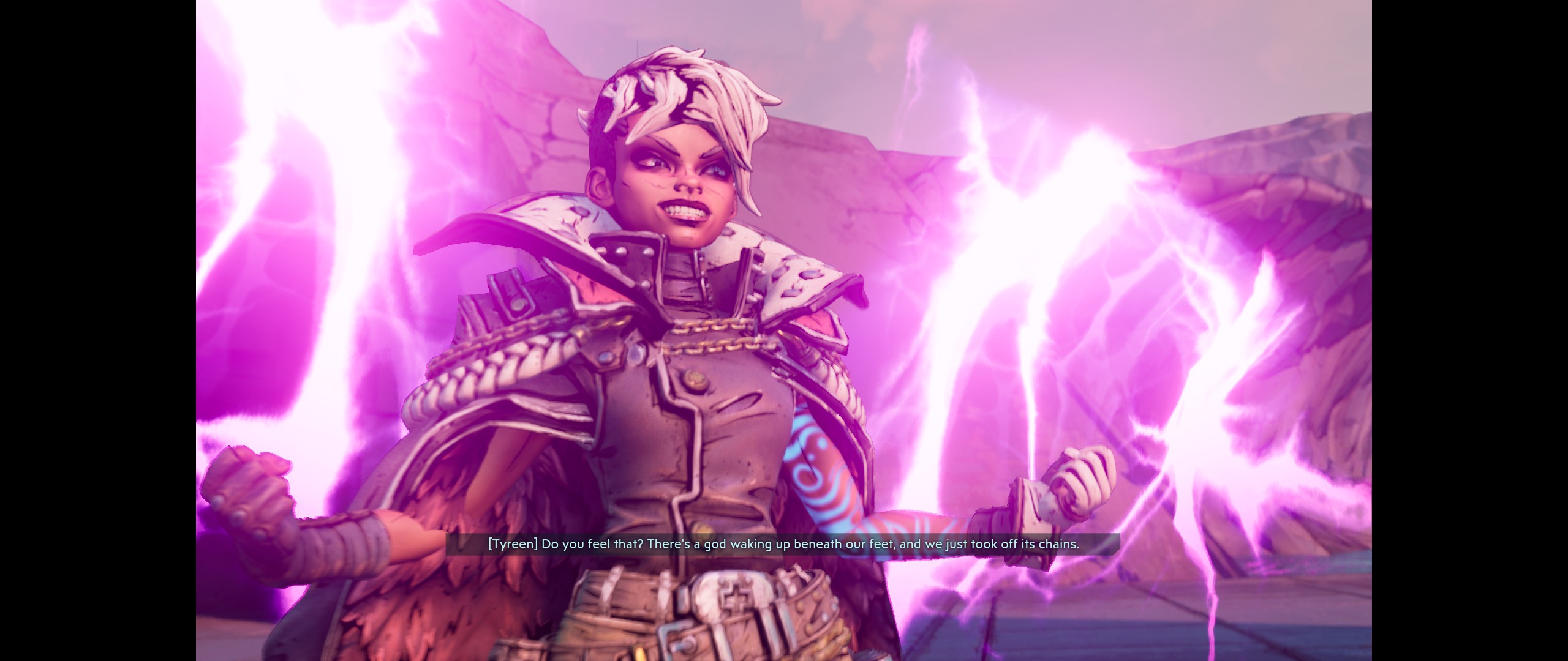 Tyreen Calypso has short, light-colored hair styled in an undercut, distinct facial markings, and a fierce expression. Bright purple energy crackles around her like lightning. A dialogue line reads: "Do you feel that? There's a god waking up beneath our feet, and we just took of its chains."