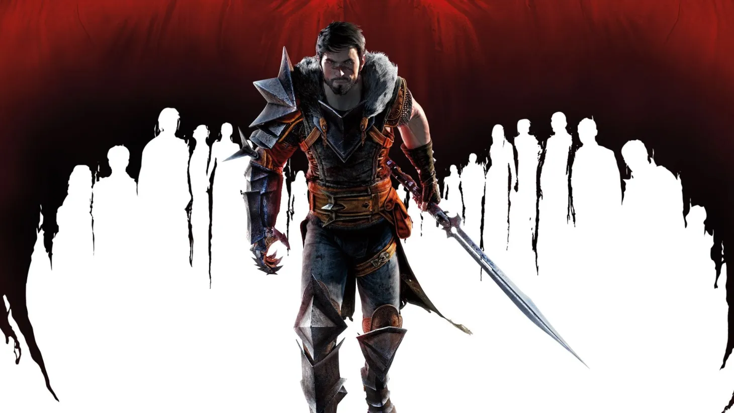 Dragon Age II protagonist Hawke, stands in front of splattered blood formed into the shape of dragon wings. He has dark hair, a beard, and is wearing detailed, rugged armor with prominent spiked pauldrons and a fur collar. He is holding a large, single-edged sword in his left hand.
