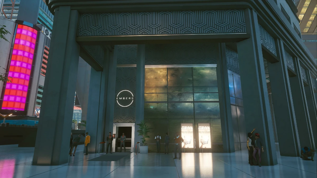 The exterior entrance of Embers, a luxurious restaurant and exclusive club located in the Glen district of Night City in Cyberpunk 2077.