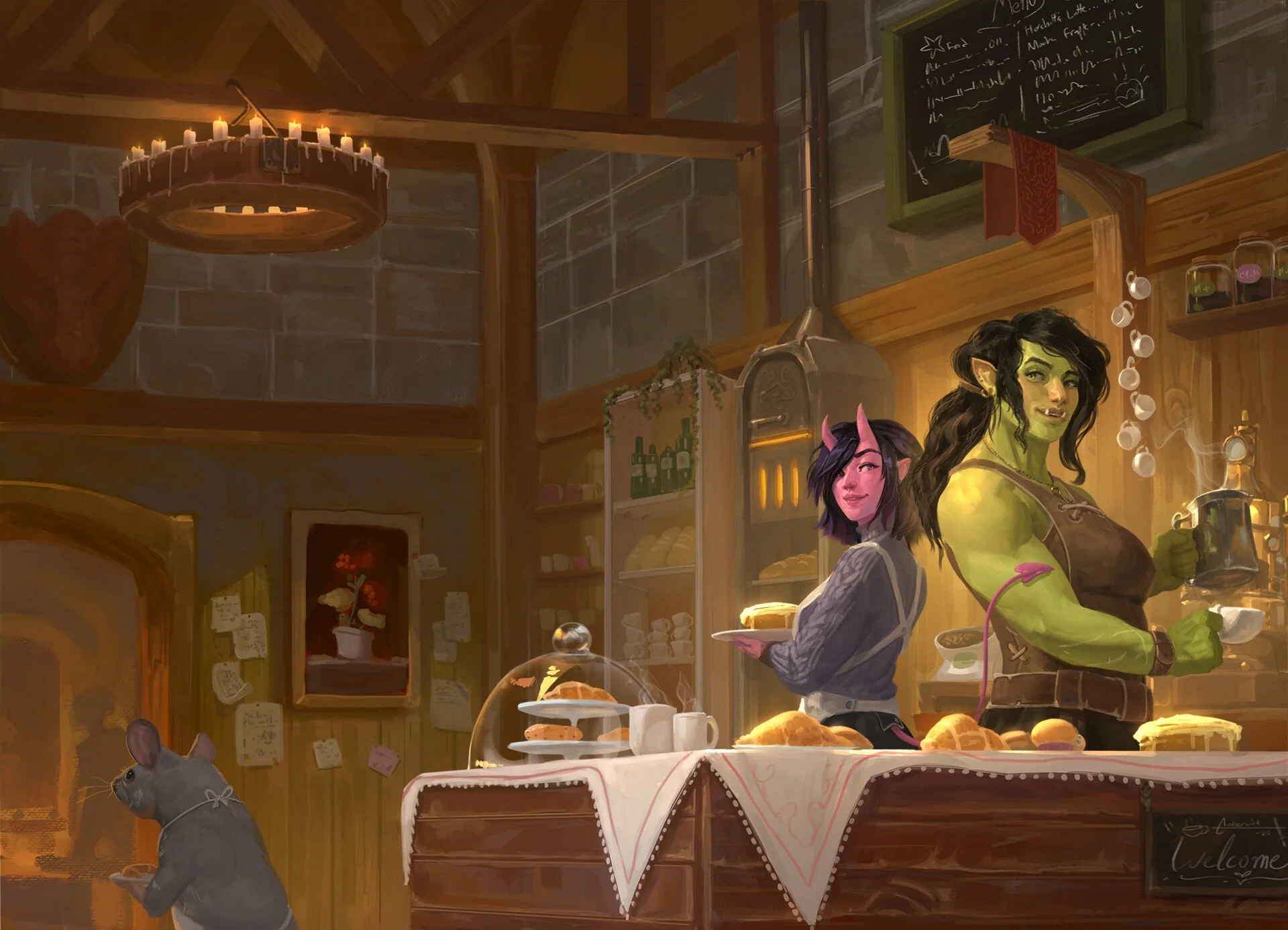 Artwork for Travis Baldree's Legends and Lattes shows a green orc woman and a smaller, pink-skinned succubus standing behind the counter of a warm, inviting coffee shop.