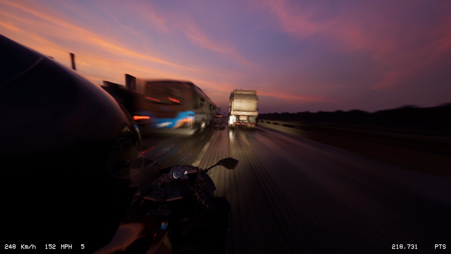 A first-person perspective of a motorcycle weaving through heavy highway traffic during what appears to be a sunset or sunrise.
