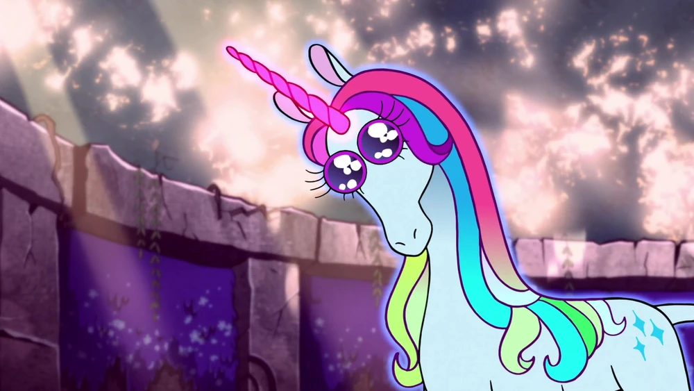 Celestabellebethabelle the mystical unicorn from Gravity Falls stands in a mystical realm with glowing purple and blue lighting in the background, her eyes big sparkling saucers.