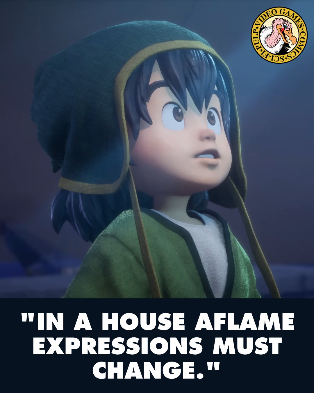 A screenshot from Dragon Quest VII Reimagined where the boy hero in green stares wondrously at something out of frame. A quote below the image reads: "In a house aflame expressions must change."