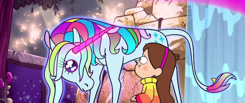 Mabel Pines meets a rainbow-maned unicorn in an episode of the animated series Gravity Falls.