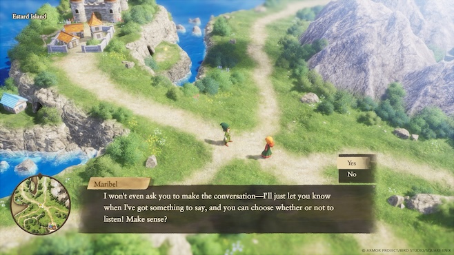 A screenshot of Dragon Quest VII Reimagined, a picture of the overworld in bright sun with green grass and the player on the road having a conversation with a character named Maribel