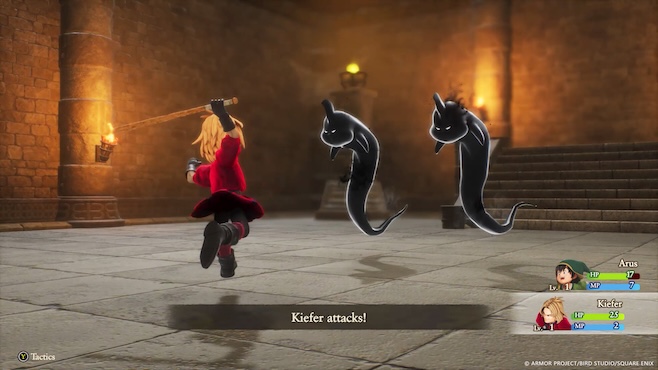A screenshot from Dragon Quest VII Reimagined where the red warrior character Kiefer is mid-attack against some whispy black ghost enemies