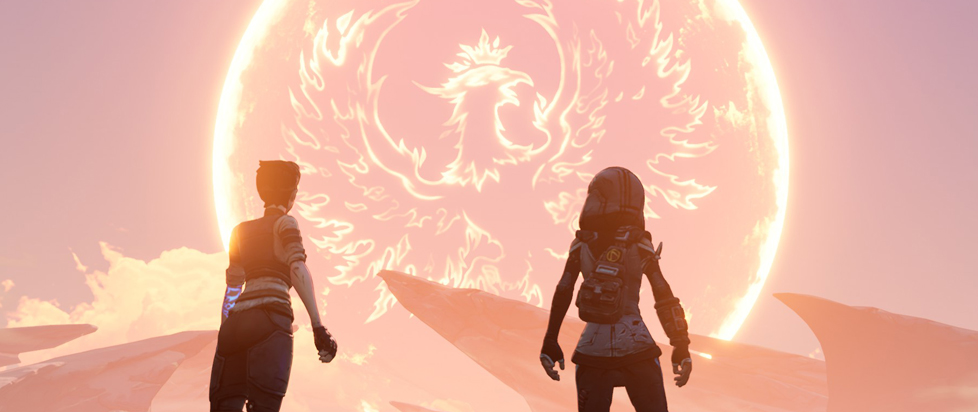 Two figures stand on a desert landscape, looking up at a large, glowing sun with a bright, fiery phoenix symbol on its surface. The scene has a warm, pink and orange color palette.
