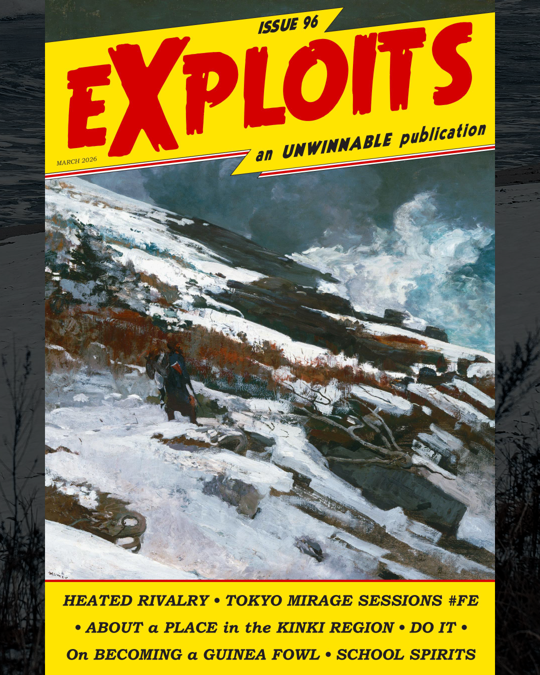 The cover of Exploits #96 features "Winter Coast" by Winslow Homer, a painting depicting a warmly dressed man traversing a snowy, rocky beach.