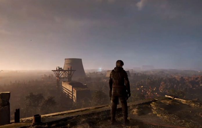 Another screenshot shows the player character overlooking the radioactive Chornobyl Exclusion Zone, featuring derelict industrial structures like cooling towers.
