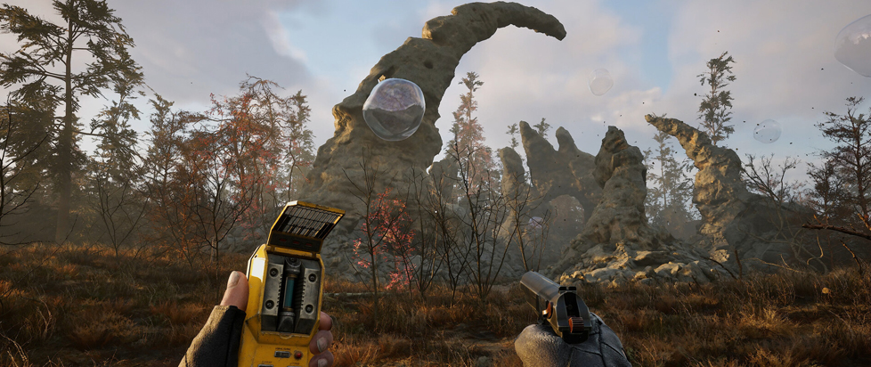 A first-person perspective screenshot from the survival horror shooter game S.T.A.L.K.E.R. 2: Heart of Chornobyl. The player character is holding a yellow electronic device in their left hand and a pistol in their right hand.