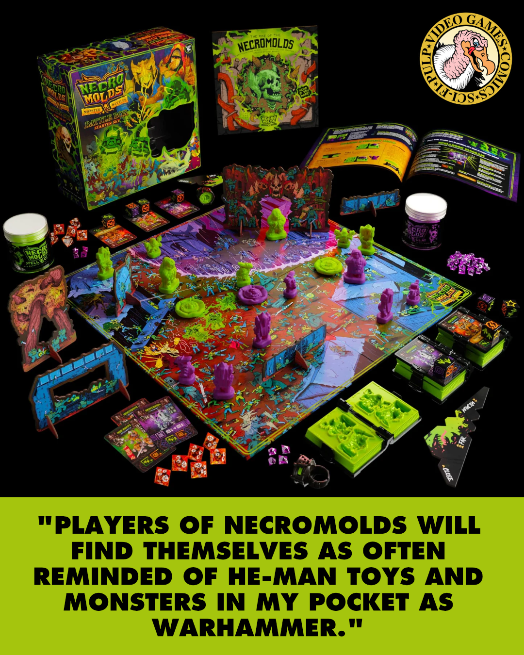 A photo of the Necromolds box and gameboard very colorful and undead with a die cut hole for the spell book and the caster ring, along with several clay molds and clay playing pieces. A quote below the image reads: "Players of Necromolds will find themselves as often reminded of He-Man toys and Monsters in My Pocket as Warhammer."
