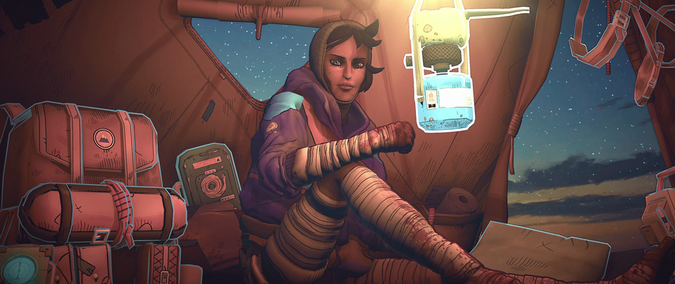 Artwork from Cairn shows Aava sitting inside her tent on a starry night, preparing to cook with a small camp stove.