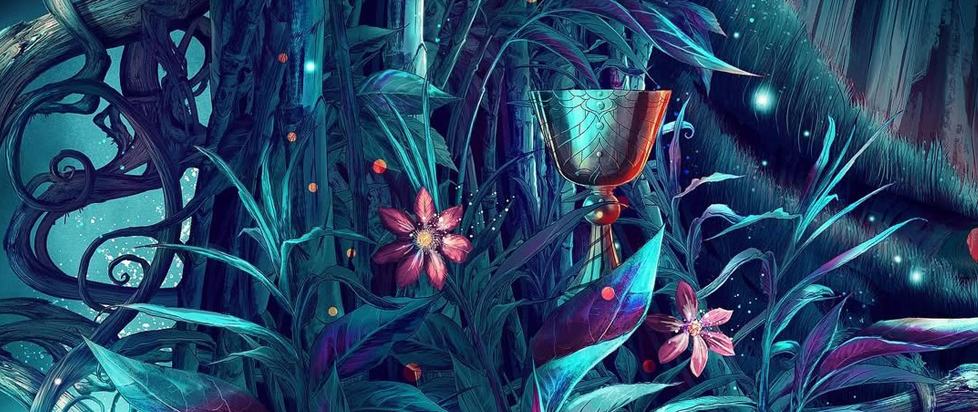 Detail from the cover art of The Tainted Cup shows a metal goblet surrounded by lush plants and flowers in a nighttime setting.