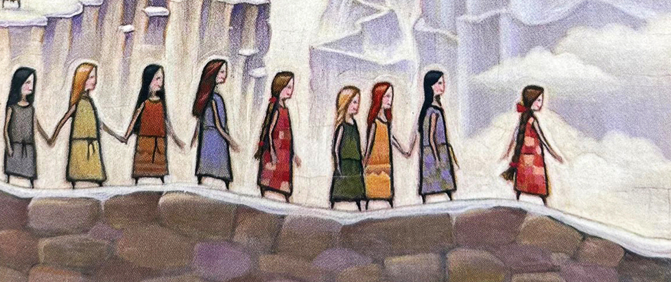 In a scene from Shannon Hale's Princess Academy, a group of nine young girls dressed in simple, rustic-style dresses of various colors walk in a single file line, many of them holding hands.