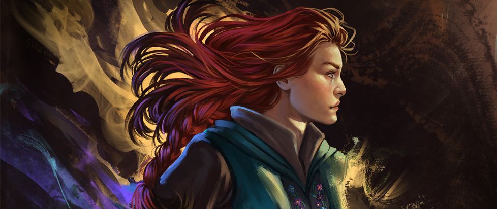 A drawing of a woman with a fierce expression and forest-colored garb standing in profile, her long red hair whipping behind her in the wind.