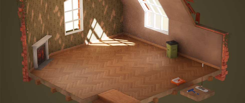 A screenshot from Hozy shows a cross-sectioned room in an empty house.
