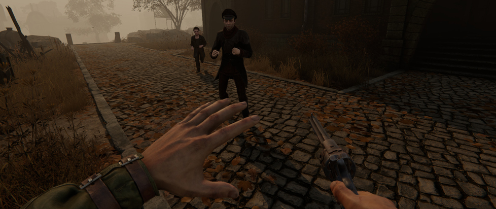 A screenshot from Pathologic 2 shows the player character's hands holding a revolver. Two figures in dark clothing approach on a cobblestone street, at least one ready to fight.
