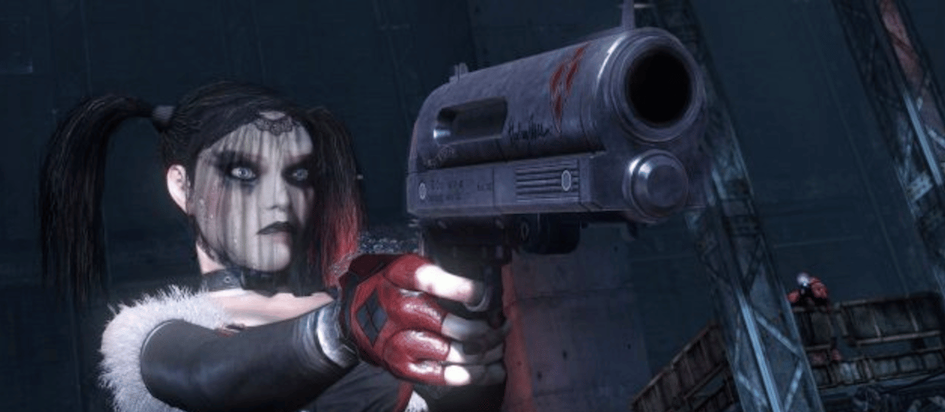A screenshot from Batman Arkham City where Harley Quinn in a funereal black veil is pointing a large pistol at someone