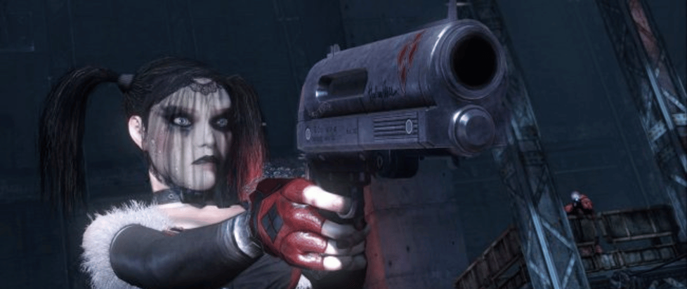 A screenshot from Batman Arkham City where Harley Quinn in a funereal black veil is pointing a large pistol at someone