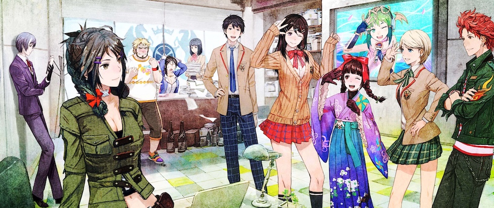 A scene from Tokyo Mirage Sessions #FE depicts the main cast inside the Fortuna Entertainment office.
