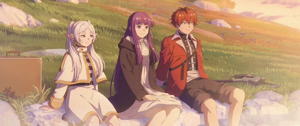 Frieren the elf on the left with two friends sitting next to her enjoying a cool leg dip in the river