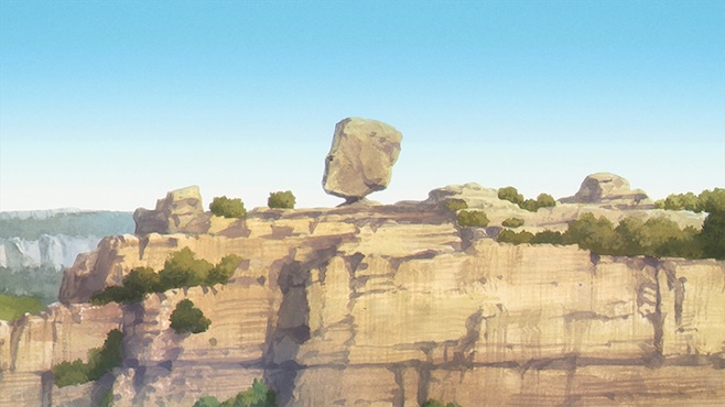 A landscape from Frieren focused on a cliff under a blue sky with a large rock appearing to be perched perilously