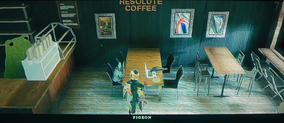 a screenshot from Skate Story where the glassy skater is in a coffee shop where a Piegon is pecking away at a laptop