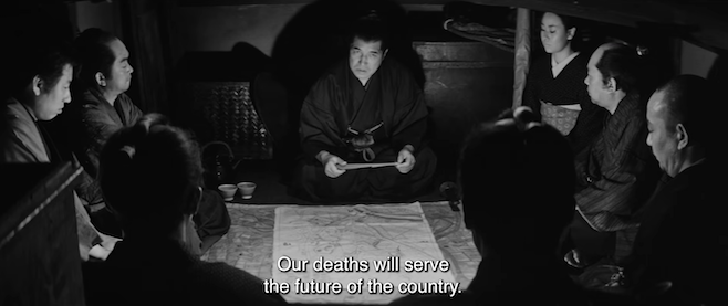 A screenshot from The Great Killing where a group of warriors in a dark room are conspiring and one says Our deaths will serve the future of the country.