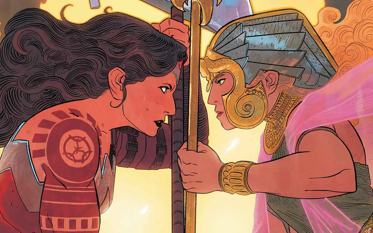 Diana faces off against another Amazon, Clea, in a detail shot from Absolute Wonder Woman #12.