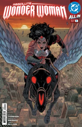 The cover of Absolute Wonder Woman #1 shows Diana riding her winged mount into the sky, city buildings far below her.