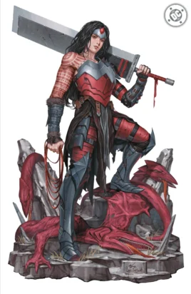 Diana stands atop slain harbingers, blade resting on her shoulder, looking buff as heck!