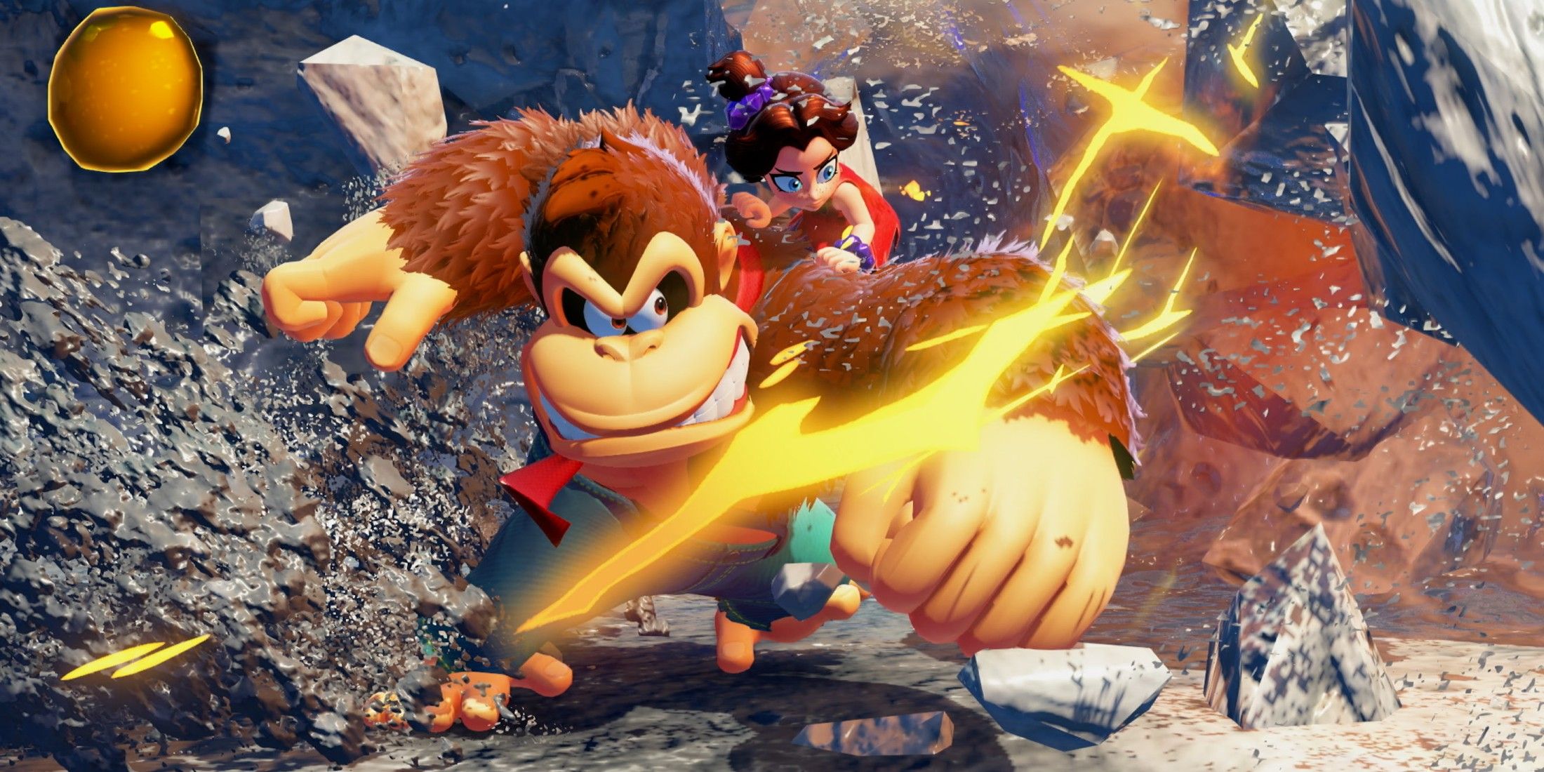 Donkey Kong and Pauline are just smashing the place up, debris flying and electricity crackling through the air in front of them.