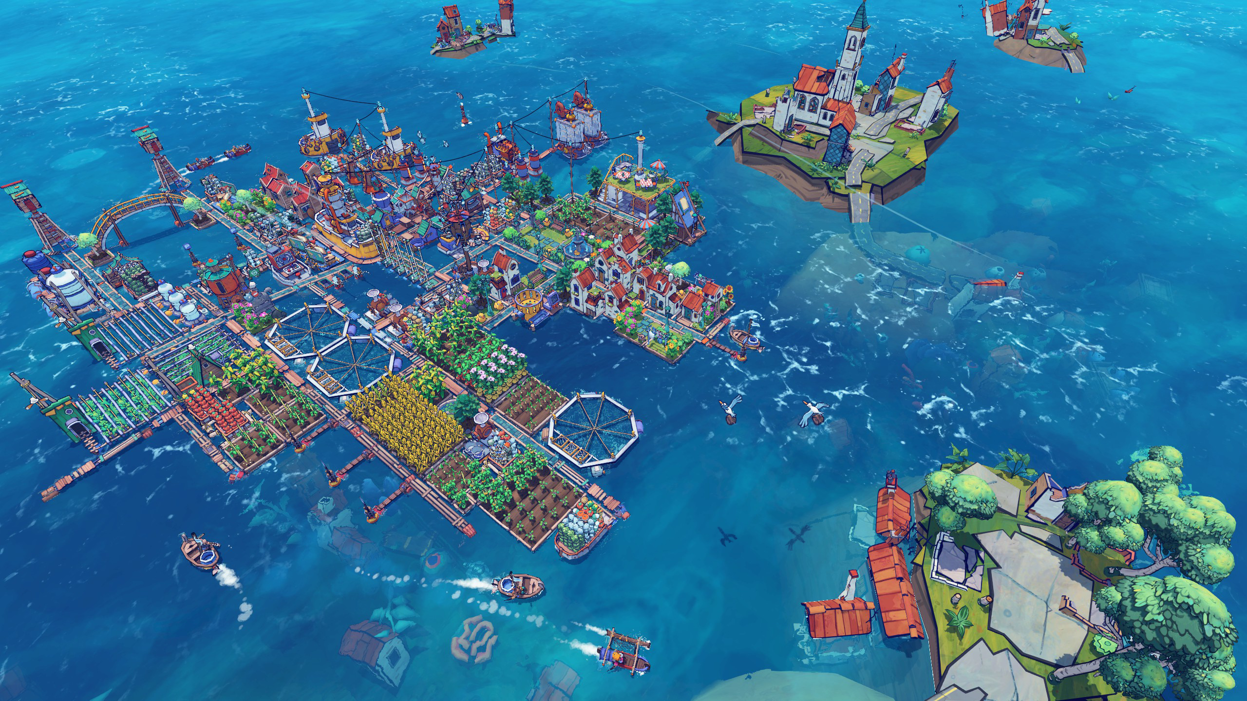 A screenshot from Flotsam depicts a vibrant, floating city or settlement constructed from salvaged ocean garbage and debris in a vast, blue ocean.