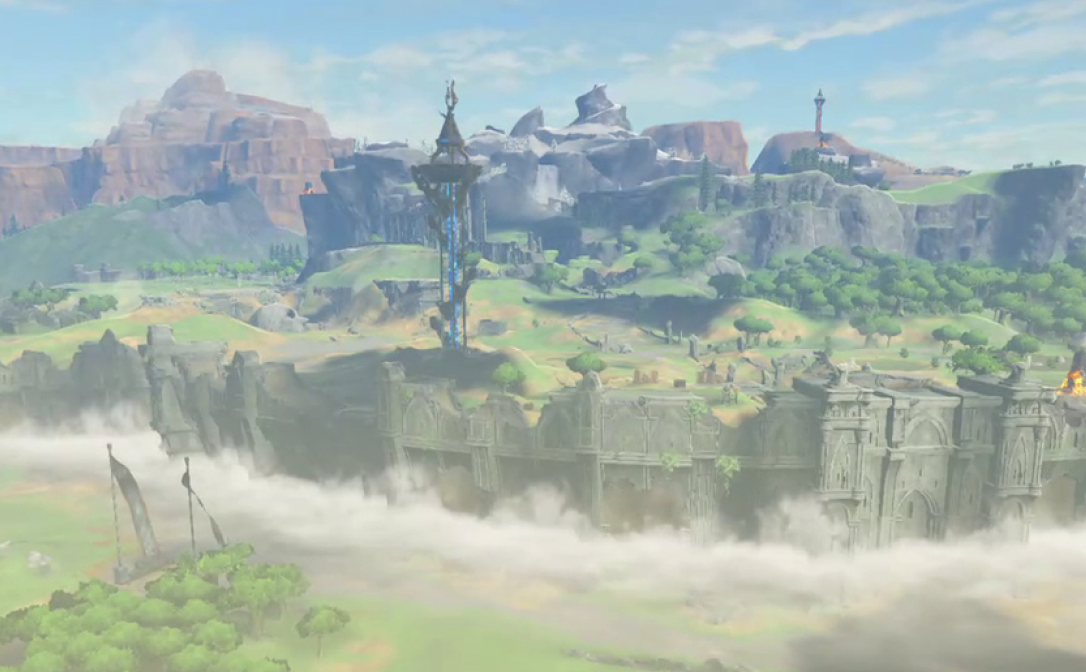 A schism appears in the Hyrule landscape, the ground cracking apart while sending up a massive dust cloud.