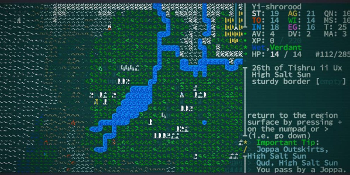 Another screenshot from Caves of Qud shows a top-down view of a blue river and lake system meandering through green fields, rendered in an ASCII style.